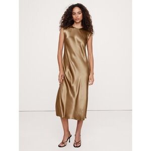 Banana Republic Bronze Satin Midi Dress Sleeveless Crew Neck Bias Cut Size L